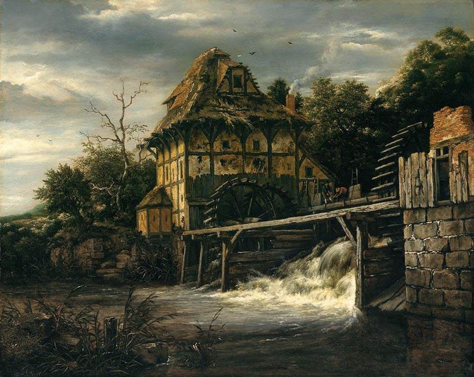 Two undershot watermills with menopening a sluice